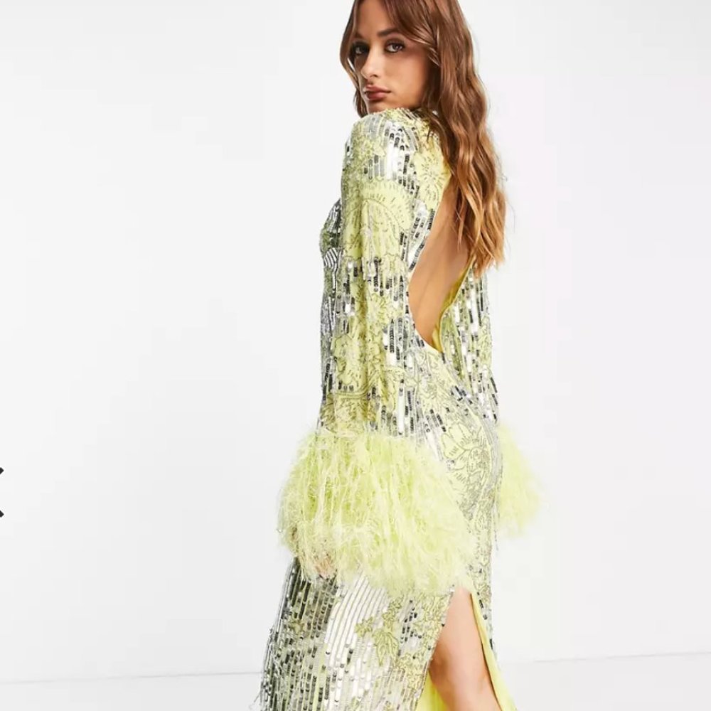ASOS EDITION floral sequin and bead midi dress with faux feather cuff in lemon